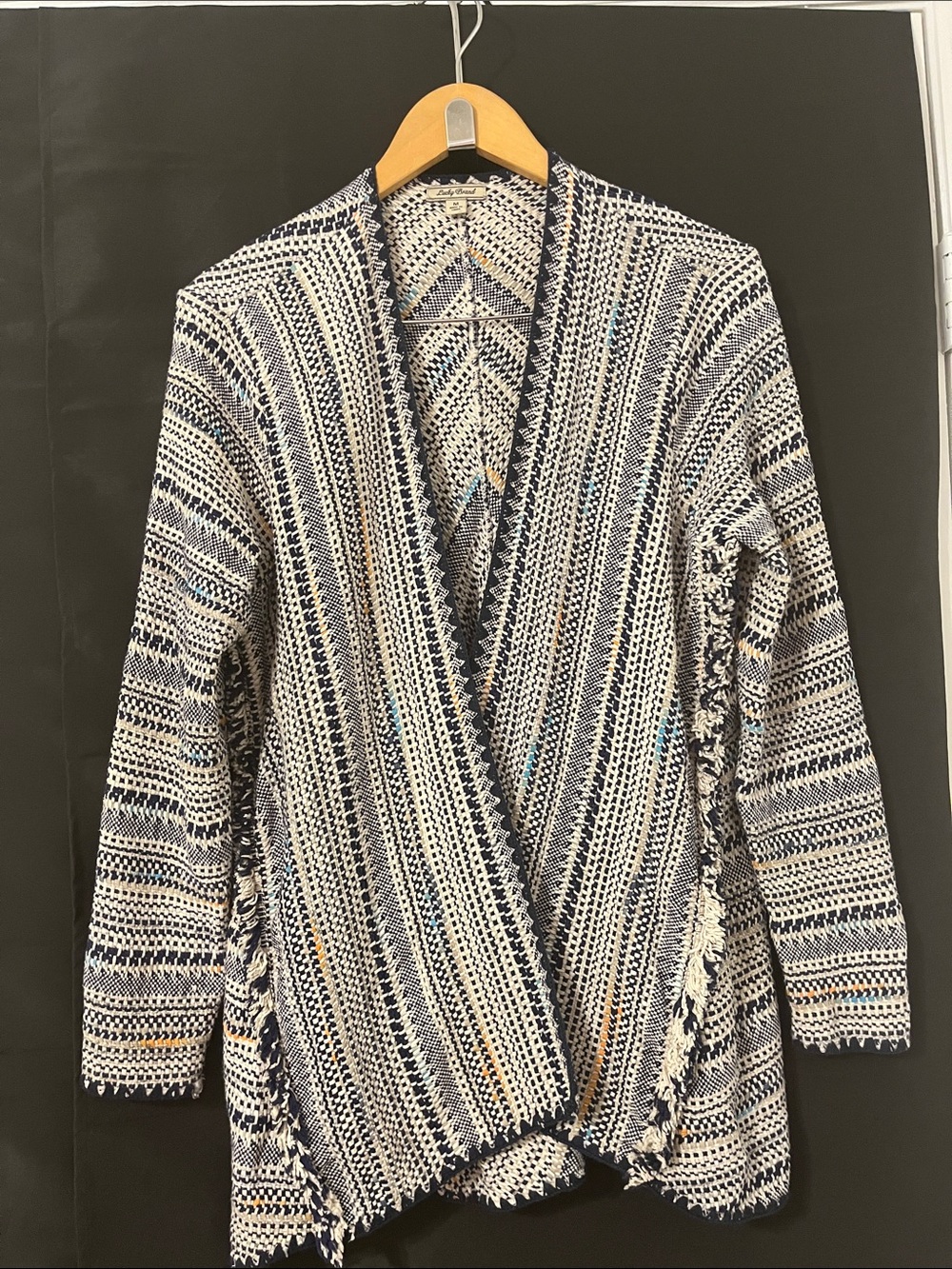 Lucky Brand Navy and White Woven Open Cardigan with Accent Stripes